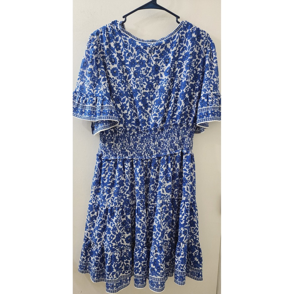 Max Studio London Blue Floral Smocked Waist Tiered Midi Dress 4910Y52 XL NEW - Picture 6 of 7